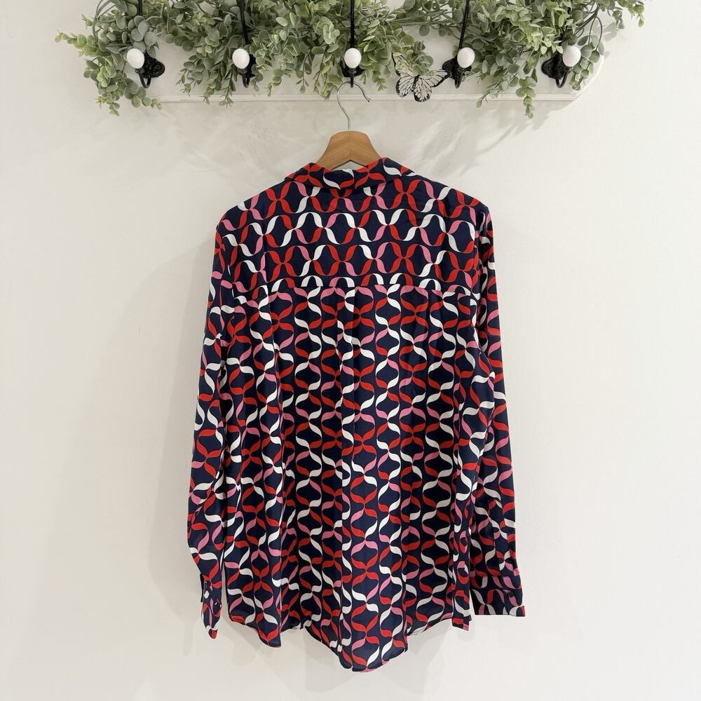 Boden Navy Red White Silk Button Down Geometric Blouse Size 16/18 KD - Picture 3 of 4